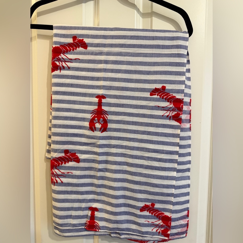 Talbots Blue & White Striped Scarf with Red Lobster Print